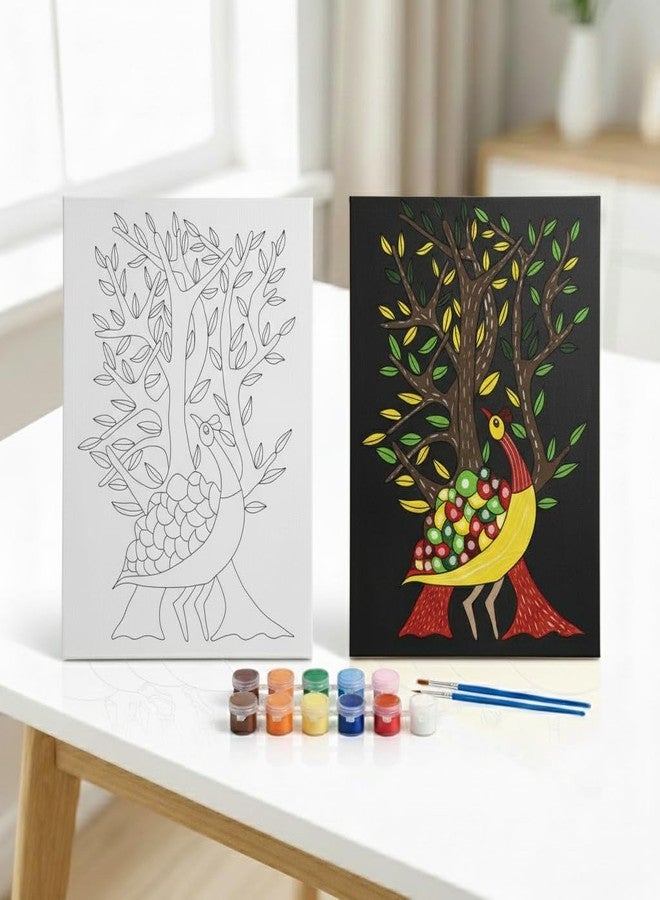 HOBBY INDIA مجموعة لوحة الرسم على القماش من هوبي إنديا للأطفال والكبار | هدية فنية وحرفية للأولاد والبنات | تصميمات فنية هندية يدوية الصنع جاهزة | ديكور للمنزل، غرفة النوم، غرفة المعيشة والمكتب (12 × 9 بوصة) (طيور) - Image 1
